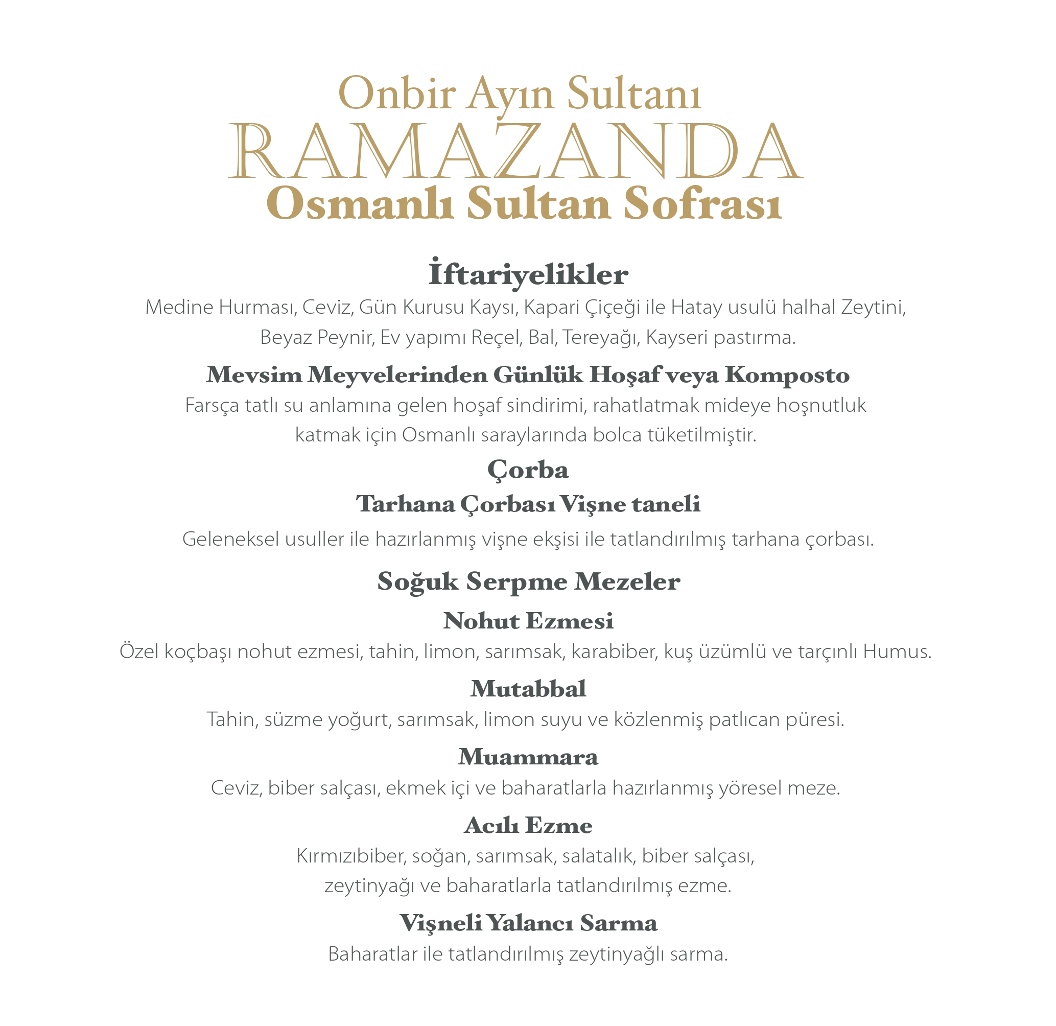 Deraliye Restaurant Sultanahmet'te 2026 Ramazan İftar Deneyimi 1 iftar menüsü