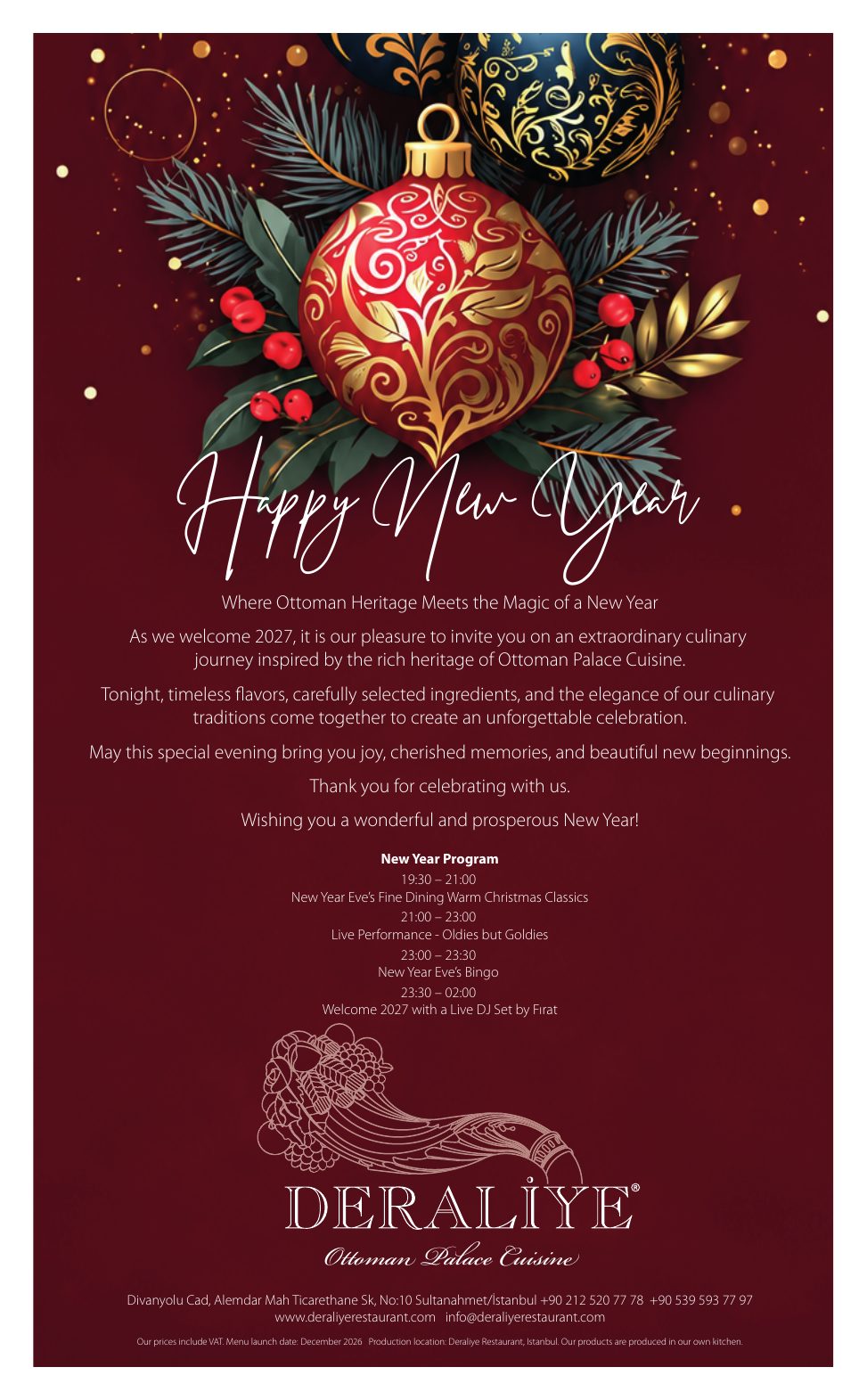 2027 New Year Eve Party in Sultanahmet: An Ottoman Palace Gala at Deraliye 3 Deraliye Restaurant - Happy New Year invitation and 2027 New Year program with live music, bingo and DJ set