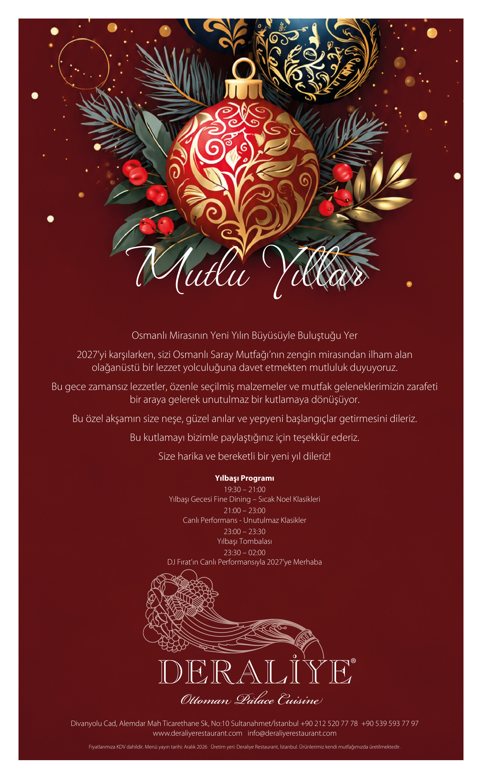 Deraliye Restaurant - Happy New Year davetiyesi ve canlı müzik, tombala ve DJ performanslı 2027 yılbaşı programı